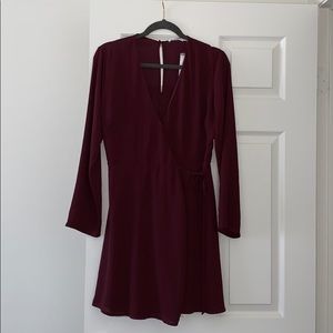 Lush wine color long sleeves wrap mini dress